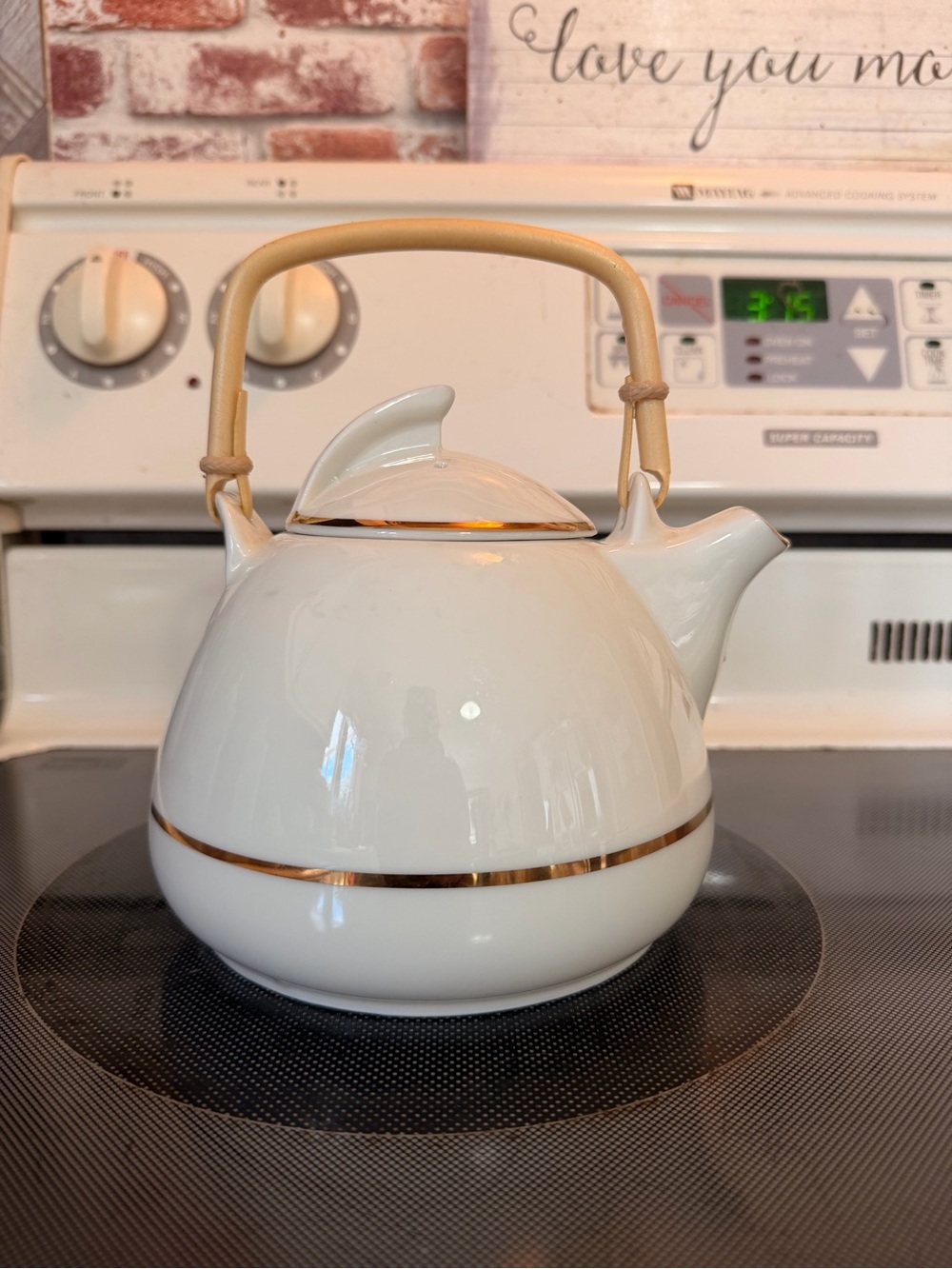 Vintage White Ceramic Teapot Gold Trim Bamboo Handle